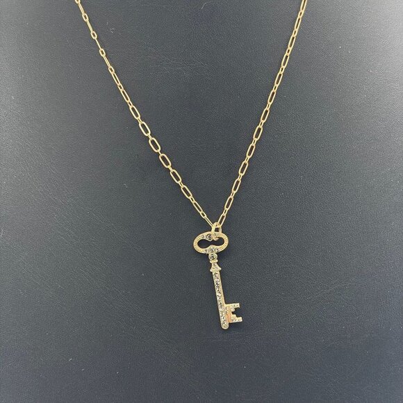 Pave Rhinestone Key Pendant Chain Necklace Gold Tone Casual College School - Picture 1 of 6